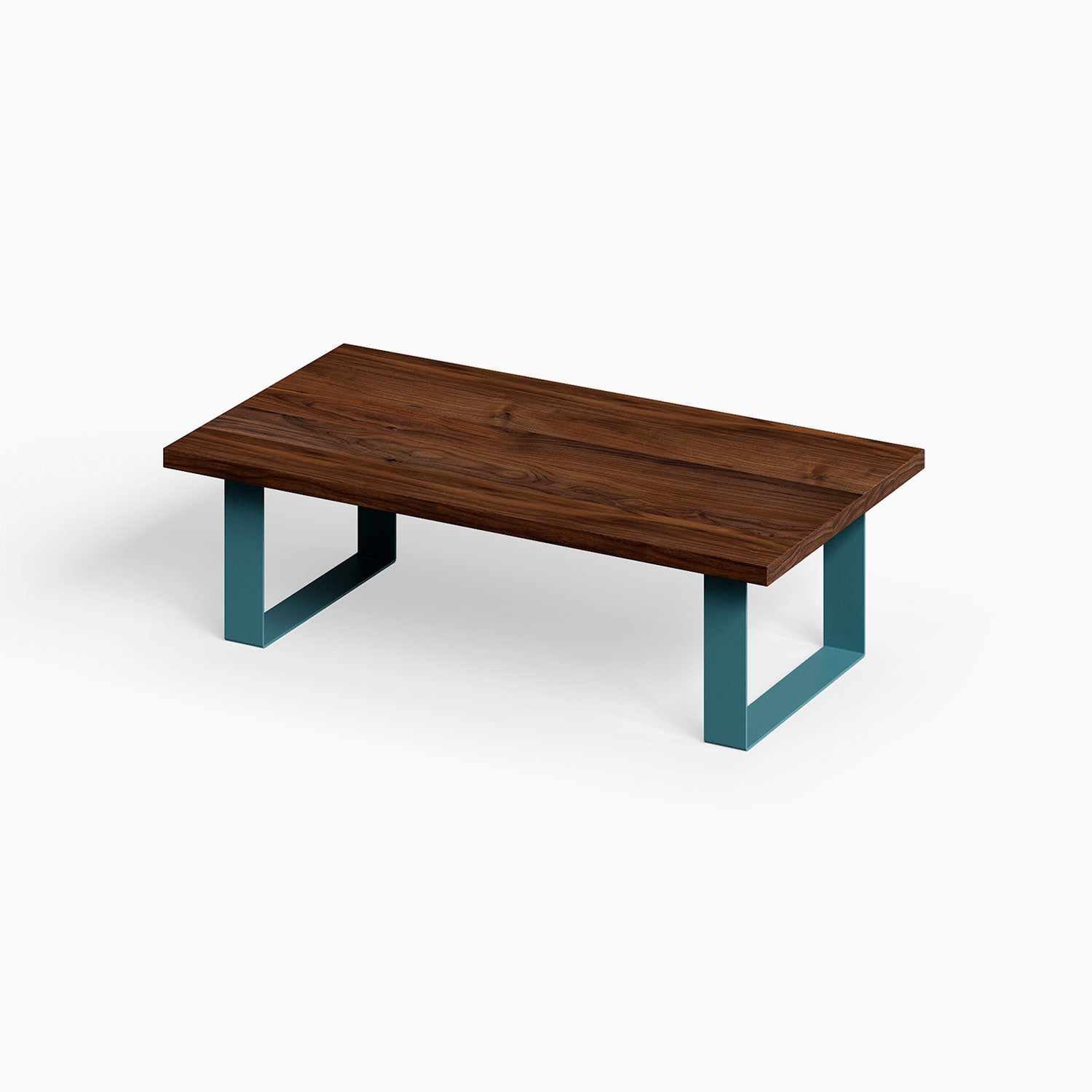 Good Point Coffee Table featuring a solid hardwood walnut top and sturdy steel legs in blue, blending minimalist design with durable mixed materials.