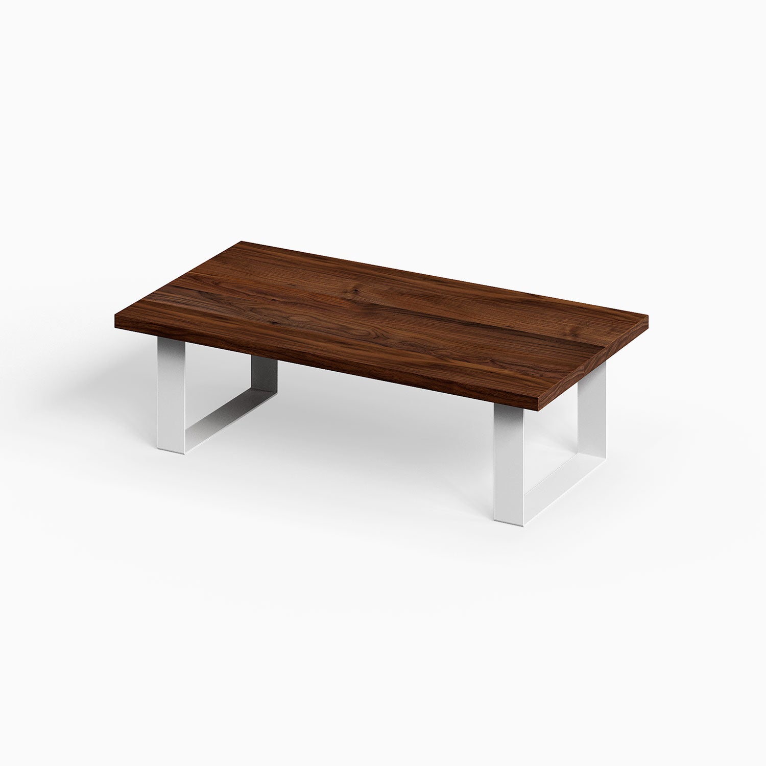 Good Point Coffee Table with a rich walnut wood top and sleek white metal legs, blending minimalist design with functional durability.