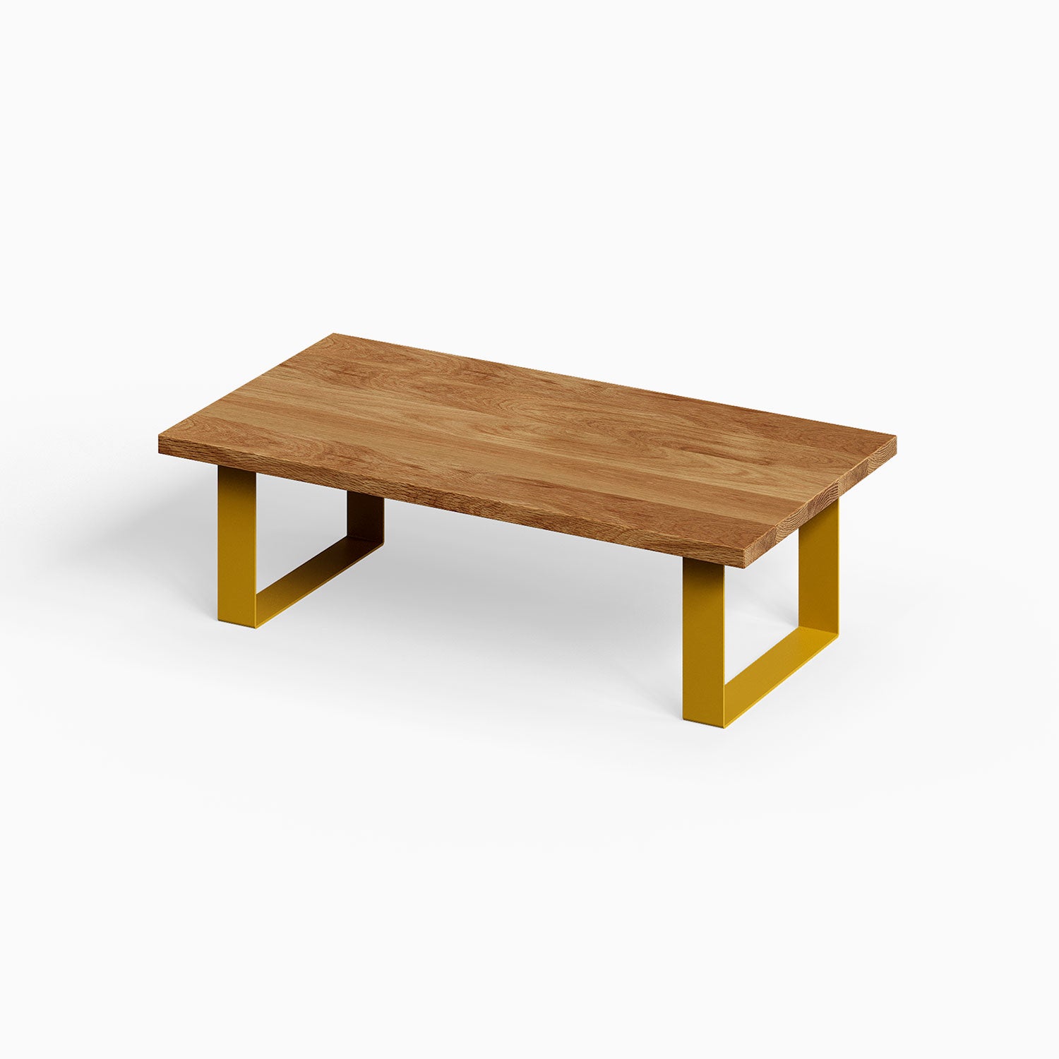 Good Point Coffee Table with a solid hardwood top and mustard-colored metal legs, minimalist design perfect for organizing and displaying.