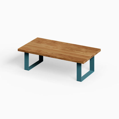 Good Point Coffee Table with solid hardwood top and steel legs in blue, showcasing minimalist American-made design for functional living spaces.