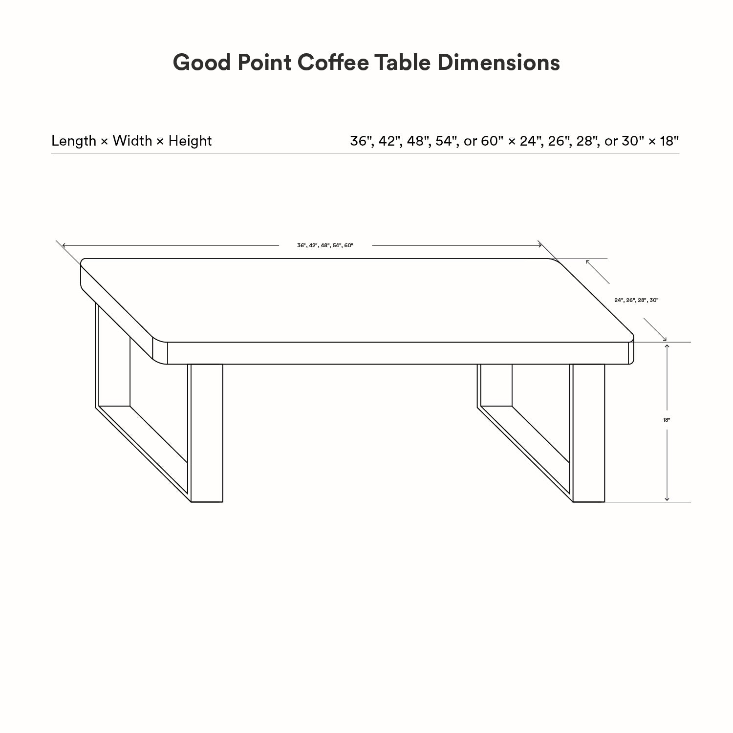 Line drawing of the Good Point Coffee Table showing multiple length, width, and height dimension options for a minimalist wood and steel design.