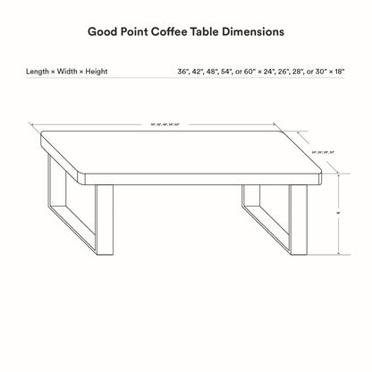Line drawing of the Good Point Coffee Table showing multiple length, width, and height dimension options for a minimalist wood and steel design.