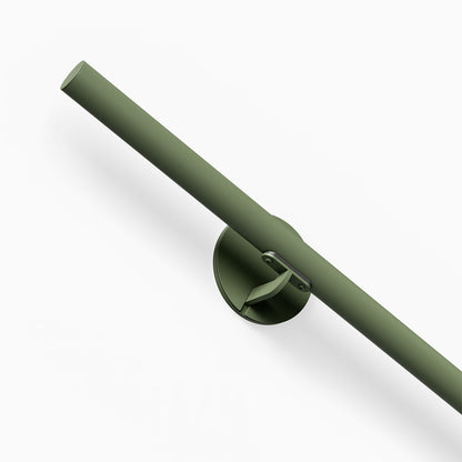 Grip Stair Rail in olive green with a round wall mount and angled support bracket against a white background