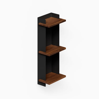 Halle Bookshelf (Walnut) vertical wood and black steel wall shelf with three open shelves for organized display