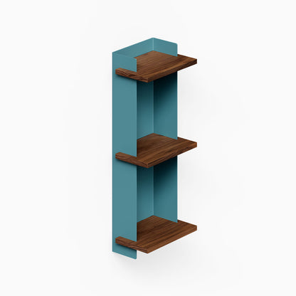 Halle Bookshelf (Walnut) with three walnut shelves and teal vertical panels for compact wall display and organization