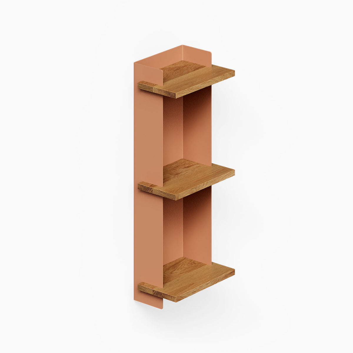 Halle Bookshelf (White Oak) with three wood shelves and a tall vertical backing panel for organized wall display