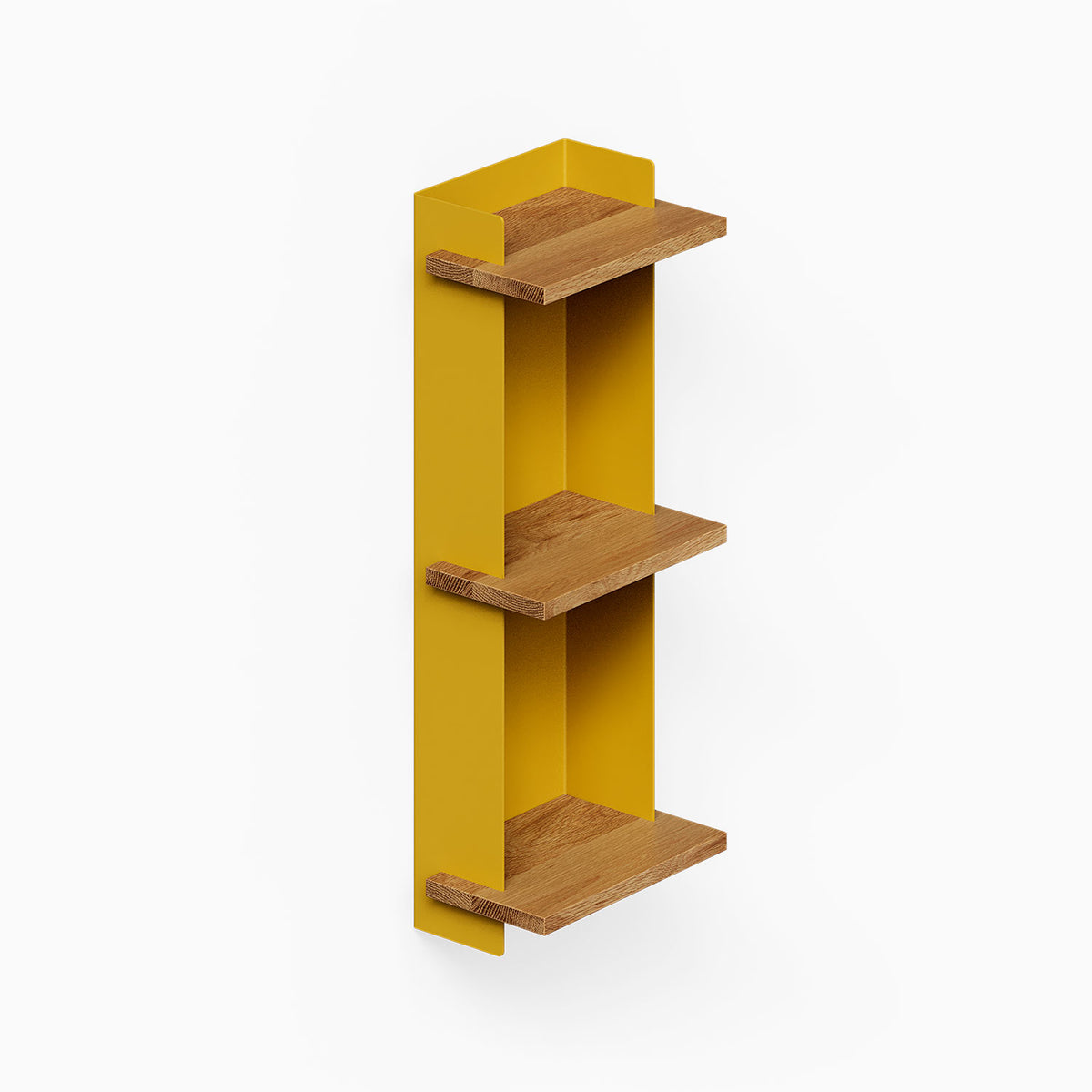 Halle Bookshelf (White Oak) with three wood shelves and a bright yellow back panel for organized wall display