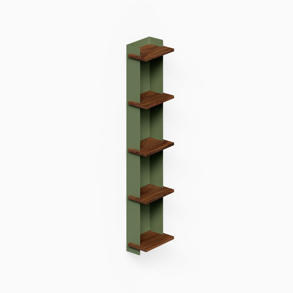 Halle Bookshelf (Walnut) with five dark wood shelves and a slim green back panel for vertical wall display