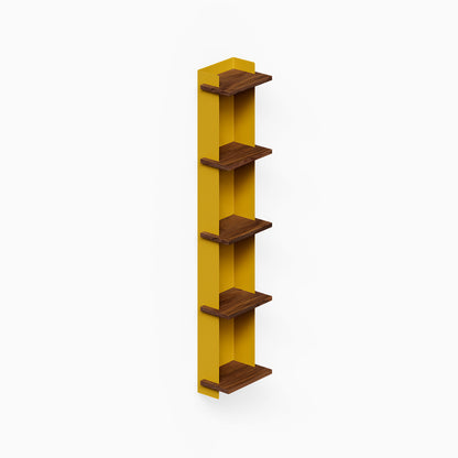 Halle Bookshelf (Walnut) vertical wall shelf with five dark walnut shelves and a bright yellow back panel for organized display