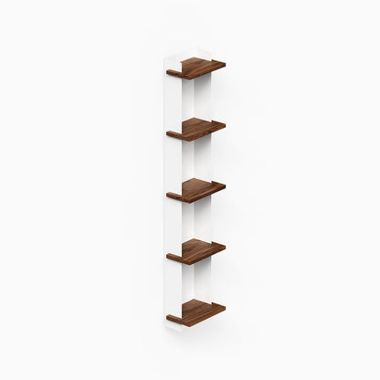 Halle Bookshelf (Walnut) with five wood shelves and white vertical supports mounted as a slim wall display