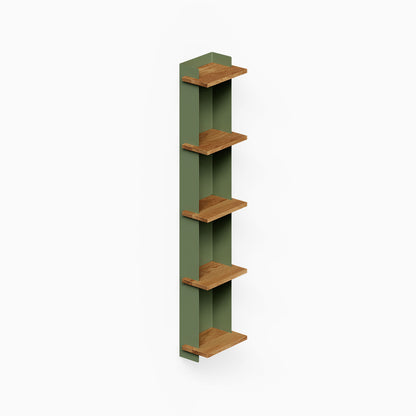 Halle Bookshelf (White Oak) vertical wall bookshelf with five wood shelves and a green back panel for organized display
