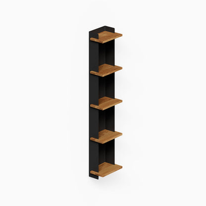 Halle Bookshelf (White Oak) with five wood shelves and black vertical supports for organized wall display and storage