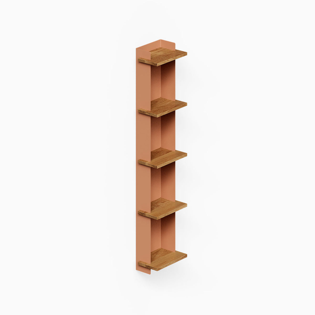 Halle Bookshelf (White Oak), minimalist wall mounted bookshelf with five wood shelves for organized display