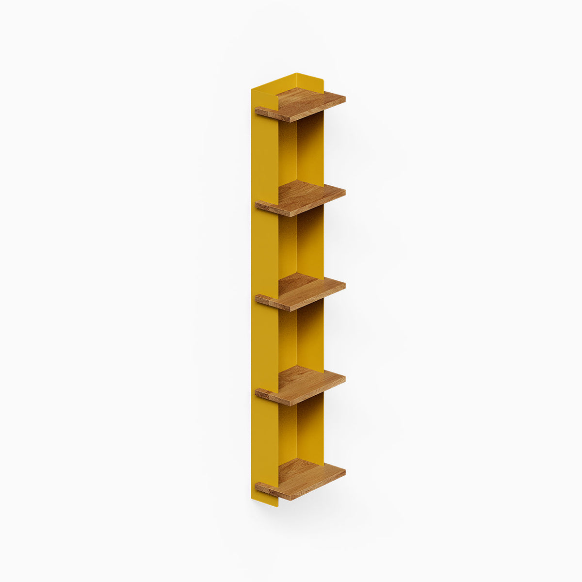 Halle Bookshelf (White Oak) with five wood shelves and a vertical yellow frame for compact wall organization