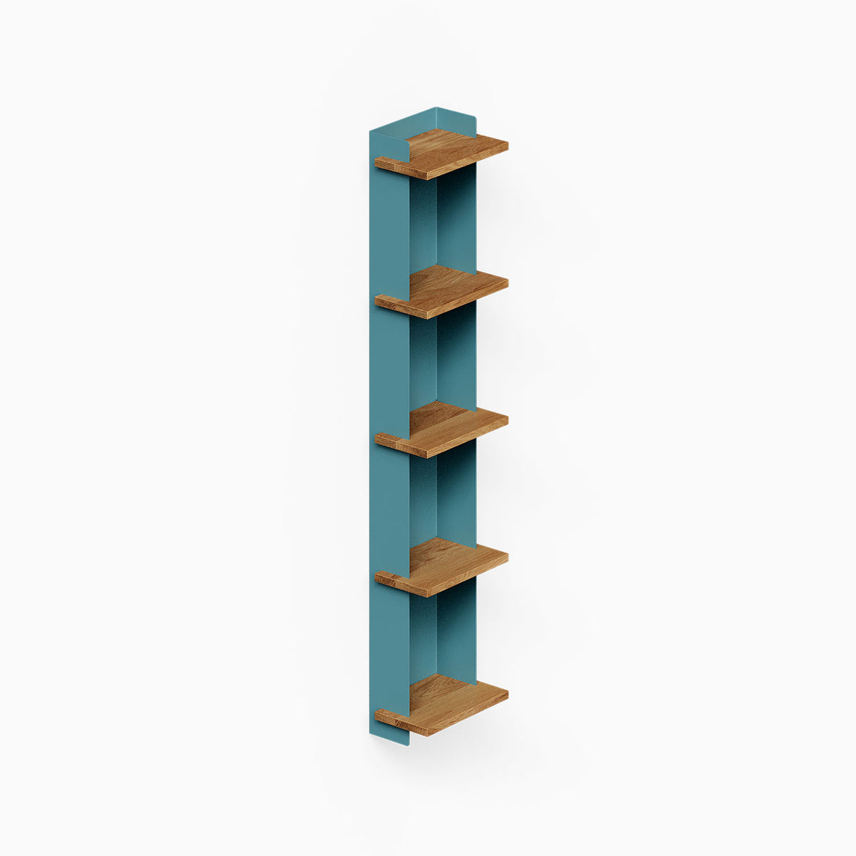 Halle Bookshelf (White Oak) with five wood shelves and a slim vertical design for organized wall display