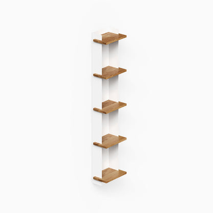 Halle Bookshelf (White Oak), a tall white wall unit with five wood shelves for organized display and storage