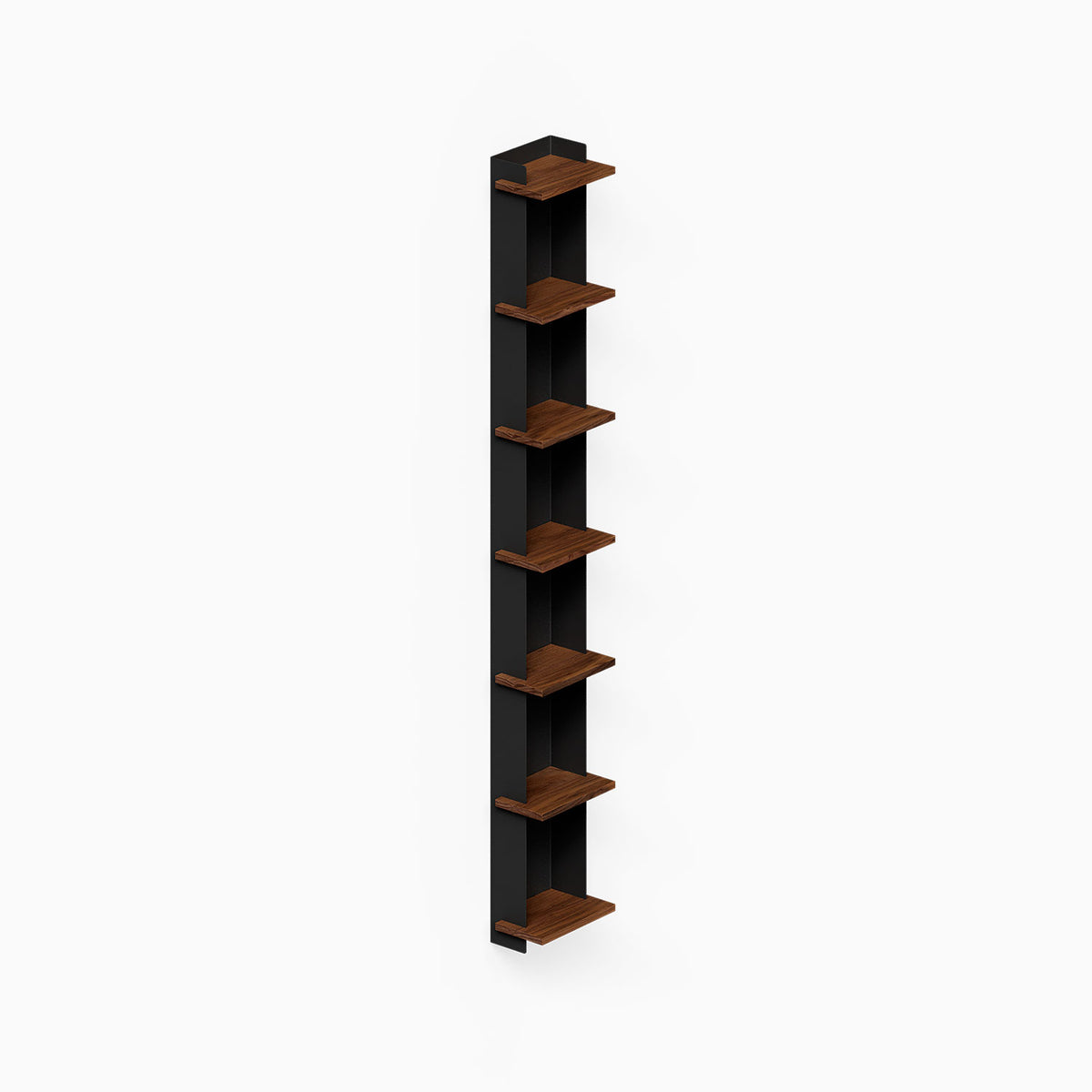 Halle Bookshelf (Walnut) tall vertical wall shelving with six walnut shelves and a black steel back panel