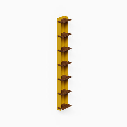 Halle Bookshelf (Walnut), a tall wall mounted bookshelf with multiple dark wood shelves and a gold vertical back panel