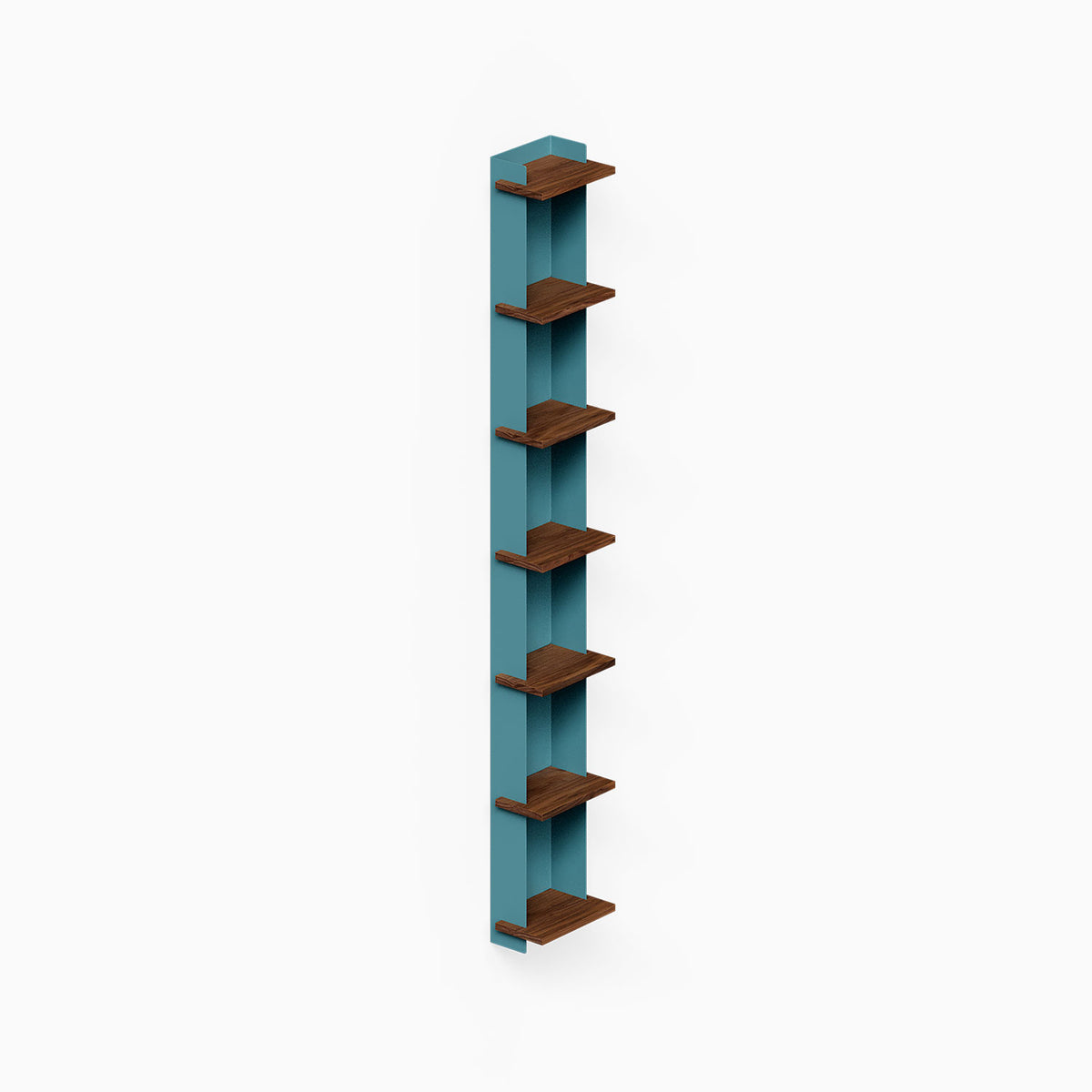 Halle Bookshelf (Walnut) narrow teal wall bookshelf with multiple walnut shelves for organized display and decor