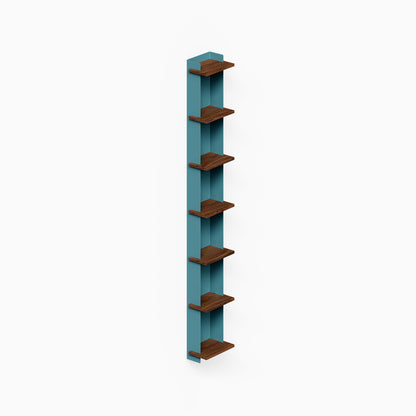 Halle Bookshelf (Walnut) narrow teal wall bookshelf with multiple walnut shelves for organized display and decor