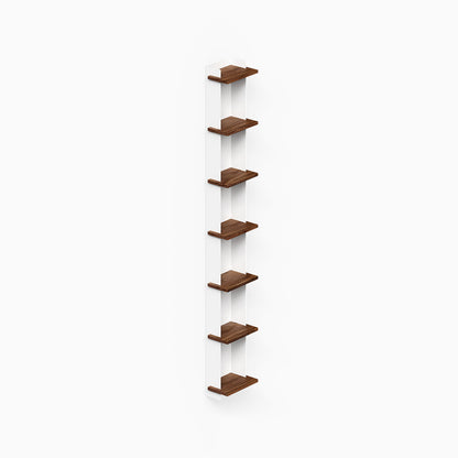 Halle Bookshelf (Walnut) vertical wall bookshelf with seven wood shelves and slim white supports for compact display and storage