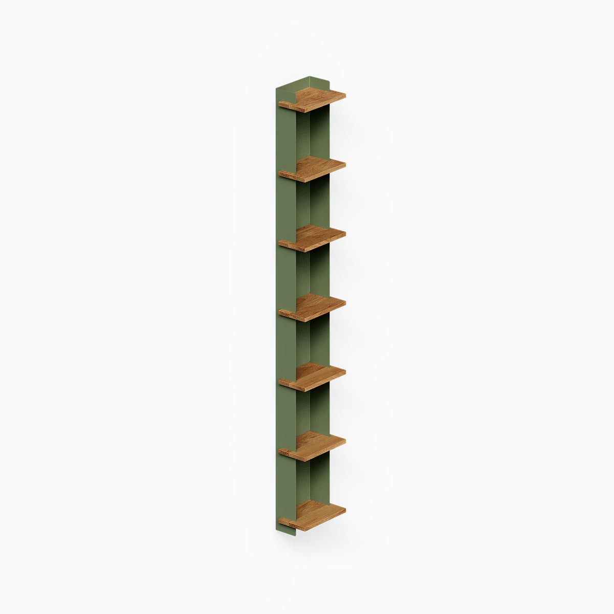 Halle Bookshelf (White Oak) narrow vertical bookshelf with multiple wood shelves and a green back panel for wall display