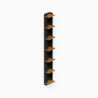 Halle Bookshelf (White Oak) tall wall mounted bookshelf with seven wood shelves and a dark vertical back panel