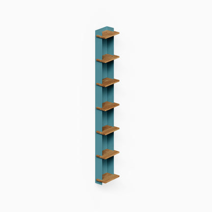 Halle Bookshelf (White Oak) tall wall bookshelf with a teal back panel and six wood shelves for compact display and storage