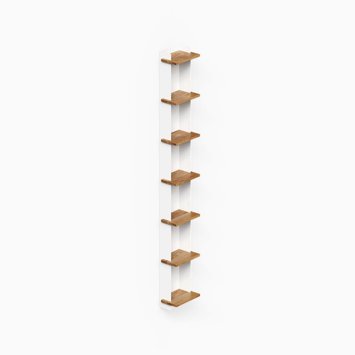 Halle Bookshelf (White Oak) with eight tiered shelves and slim vertical supports shown against a white background
