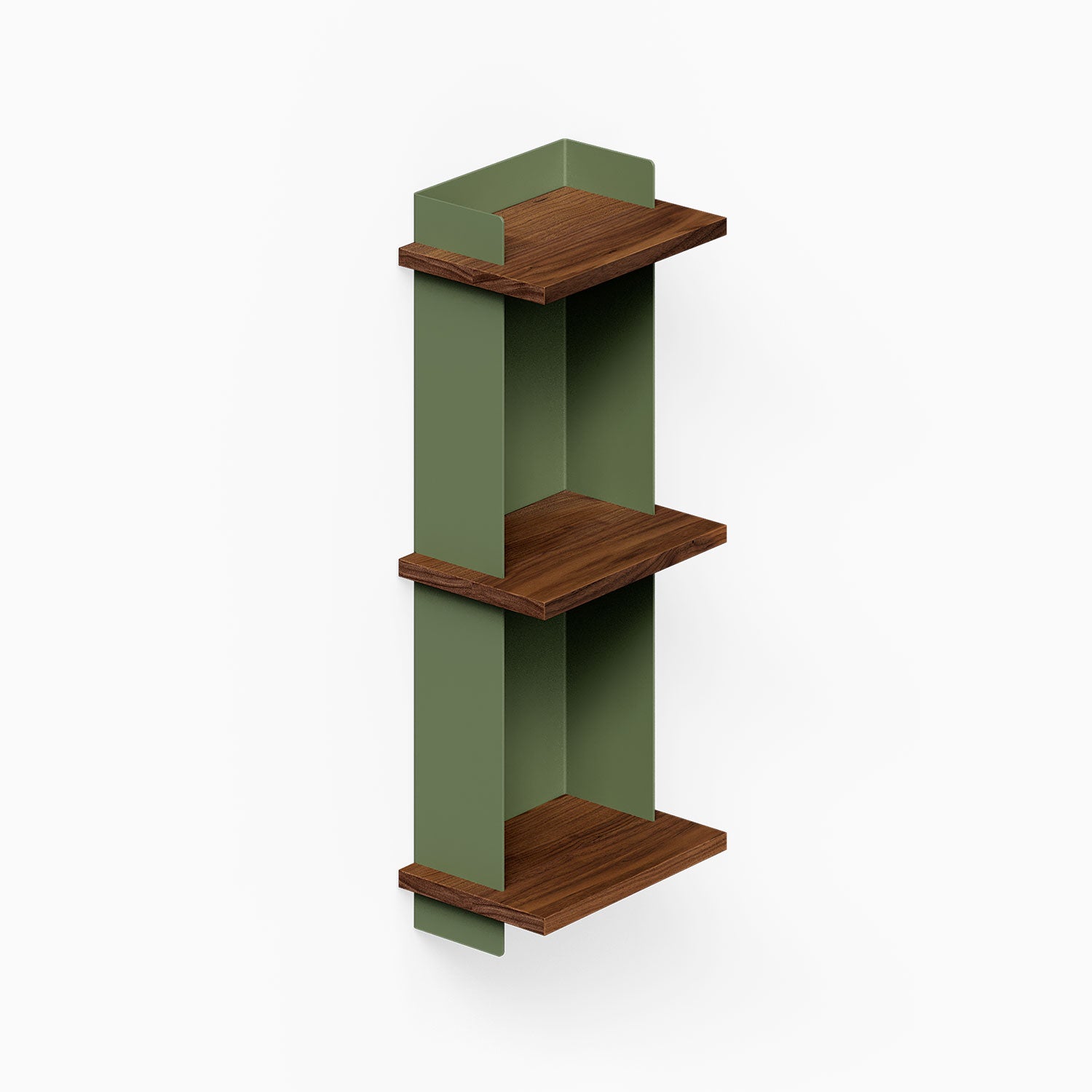 Halle Bookshelf with walnut wood shelves and olive green steel supports, minimalist design for stylish wall display and organization.