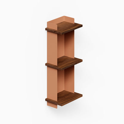 Halle Bookshelf with mixed-material design featuring walnut-finished solid hardwood shelves and clay-colored metal supports for stylish wall display and organization.