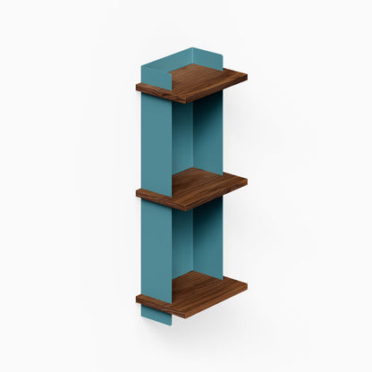 Halle Bookshelf featuring a minimalist blue metal frame with three walnut wood shelves, designed for functional wall storage and display.