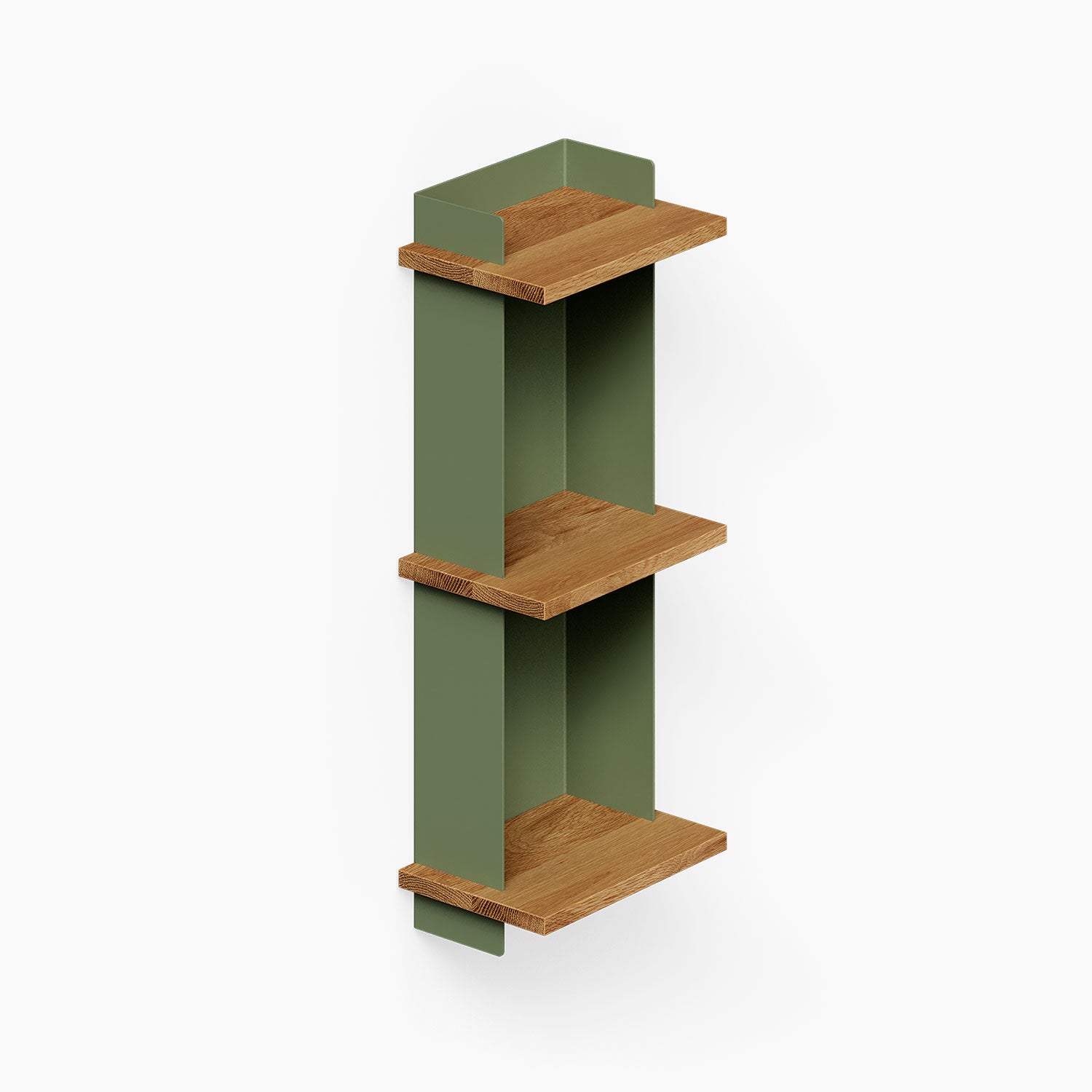 Halle Bookshelf with minimalist design featuring green metal sides and solid hardwood shelves, perfect for organized wall display and storage.