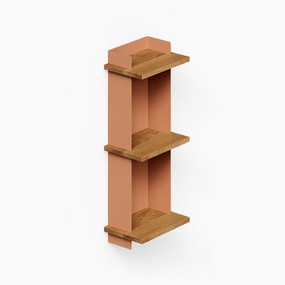 Halle Bookshelf with minimalist mixed-material design featuring solid hardwood shelves and rust-resistant steel supports in warm clay tone, perfect for organized displays.