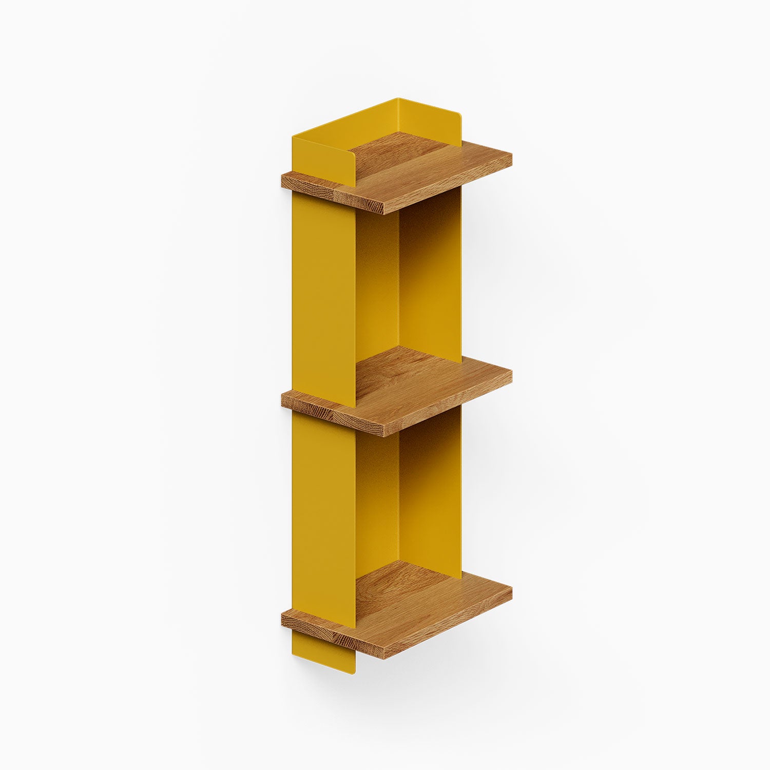 Halle Bookshelf featuring a minimalist design with solid hardwood shelves and mustard-colored steel frame, perfect for functional wall organization.