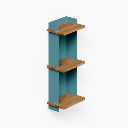 Halle Bookshelf with minimalist metal frame painted teal and three solid hardwood shelves designed to maximize wall organization and display.