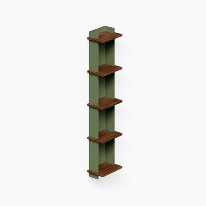 Halle Bookshelf with walnut wood shelves and green vertical supports, showcasing minimalist, functional design for wall organization.