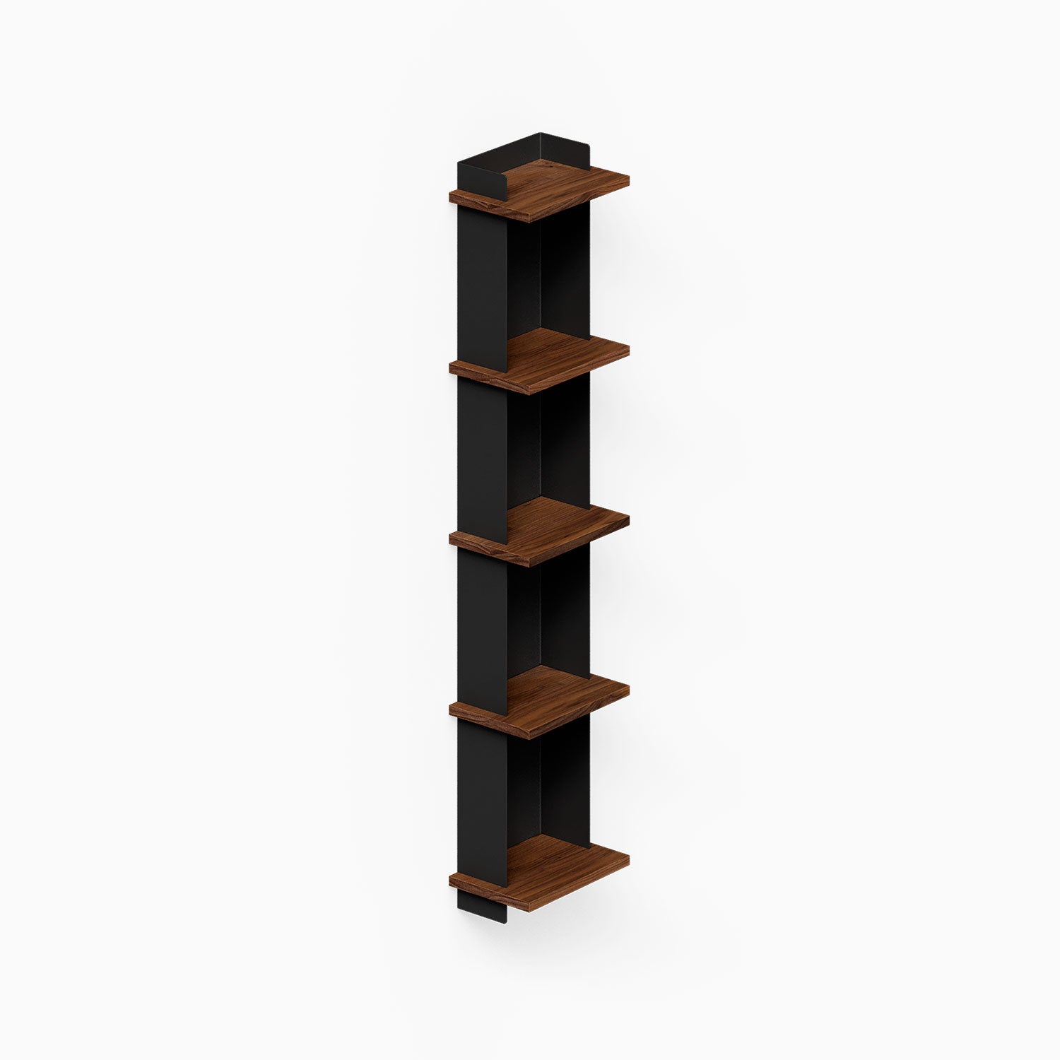 Halle Bookshelf with walnut wood shelves and black metal frame, a minimalist wall shelf designed for functional organization and stylish display.