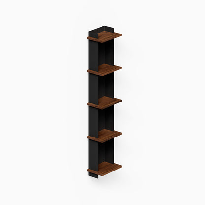 Halle Bookshelf with walnut wood shelves and black metal frame, a minimalist wall shelf designed for functional organization and stylish display.