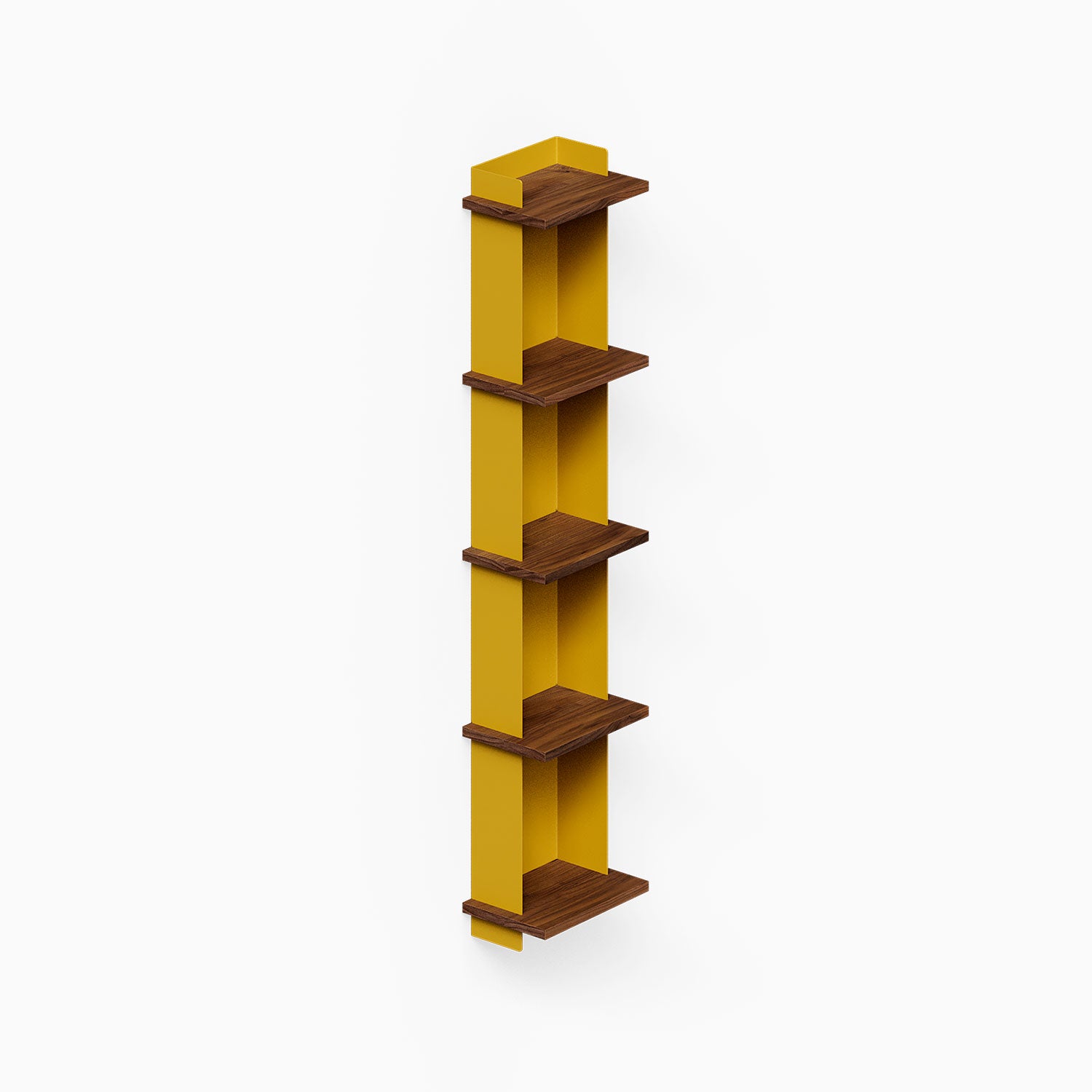 Halle Bookshelf with warm walnut shelves and mustard yellow vertical supports, a minimalist wall shelf for displaying treasures and organizing spaces.