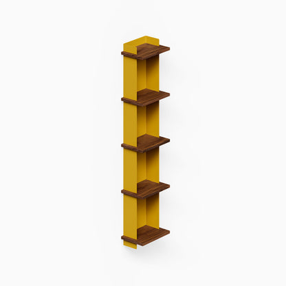 Halle Bookshelf with warm walnut shelves and mustard yellow vertical supports, a minimalist wall shelf for displaying treasures and organizing spaces.