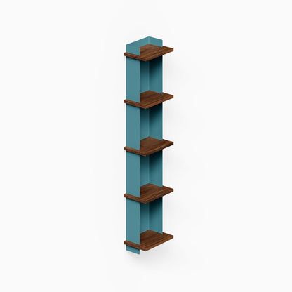Halle Bookshelf with minimalist design featuring walnut wood shelves and blue steel frame, ideal for stylish wall display and organization.