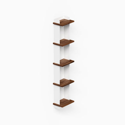 Halle Bookshelf with minimalist white frame and walnut wood shelves, designed to maximize wall space and organize treasures elegantly.