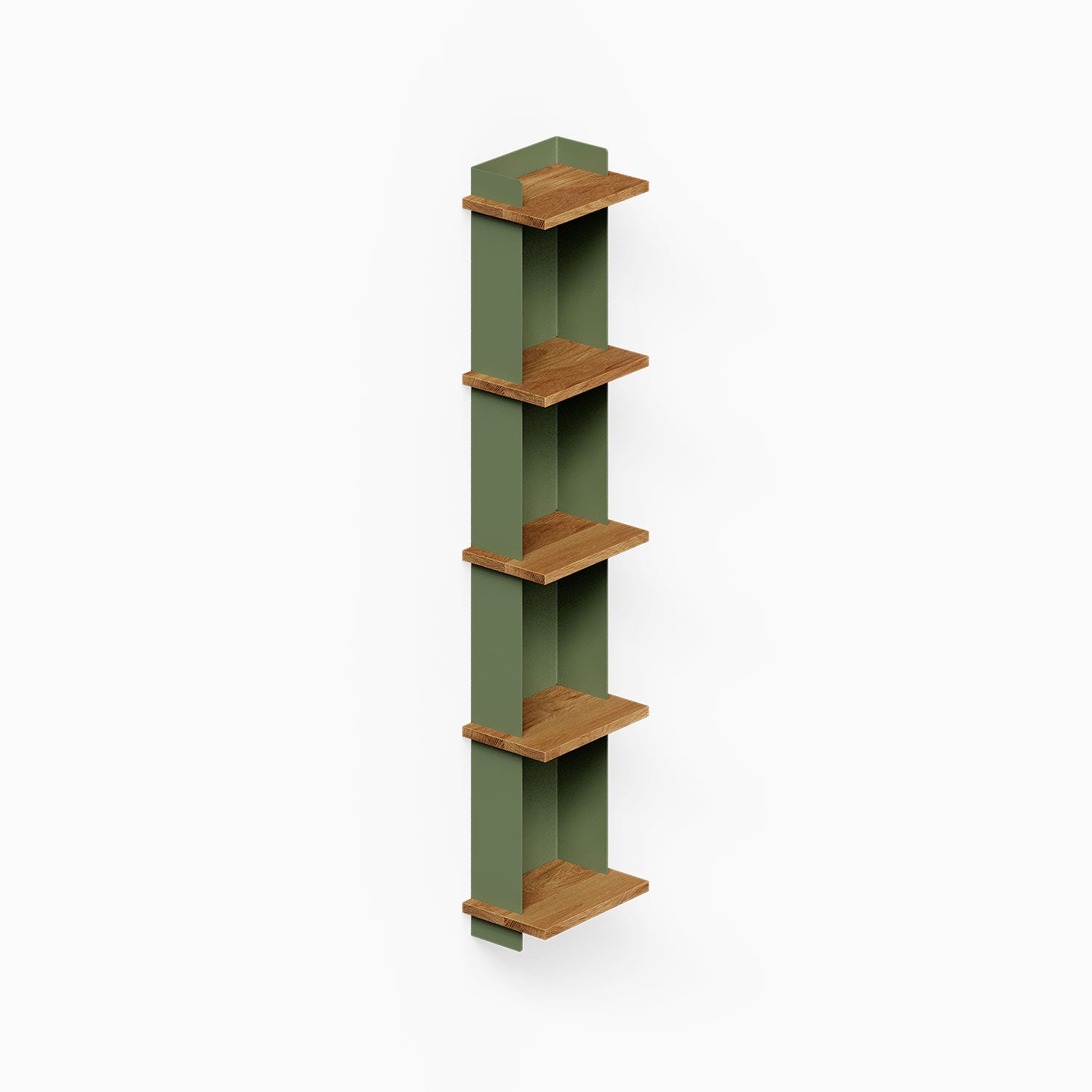 Halle Bookshelf with minimalist green frame and solid hardwood shelves, designed to maximize wall space for organization and display.