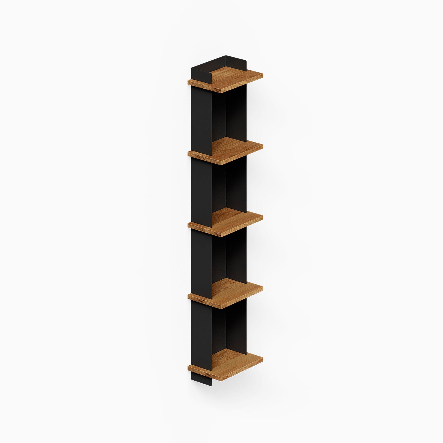 Halle Bookshelf with mixed wood and black steel design, minimalist vertical wall shelf for organizing and displaying items in compact spaces.