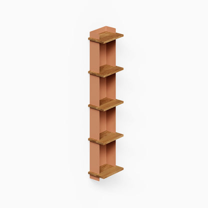 Halle Bookshelf featuring a minimalist wall-mounted design with five solid hardwood shelves and a clay-colored back panel, perfect for organized display.