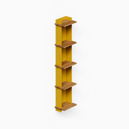 Halle Bookshelf with solid hardwood shelves and mustard yellow vertical supports, a minimalist design for organizing and displaying treasures.