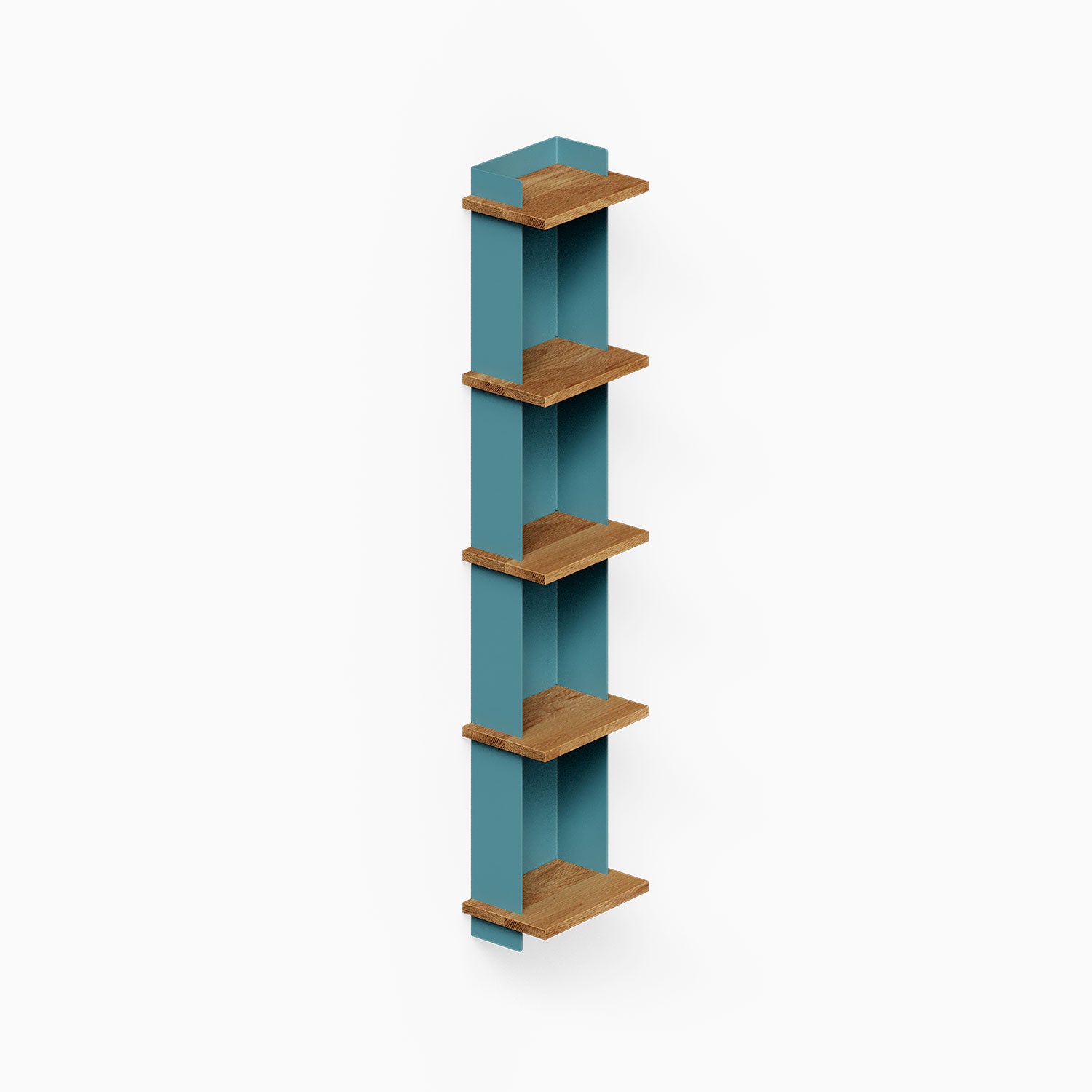 Halle Bookshelf with minimalist design featuring solid hardwood shelves and teal vertical supports, perfect for organizing and displaying treasures.