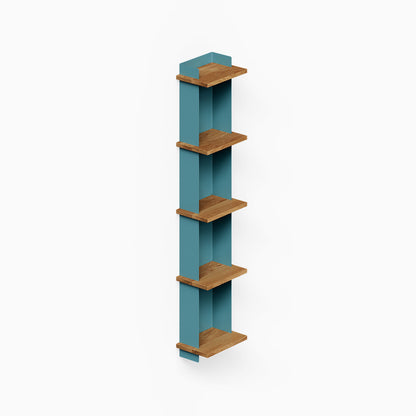 Halle Bookshelf with minimalist design featuring solid hardwood shelves and teal vertical supports, perfect for organizing and displaying treasures.