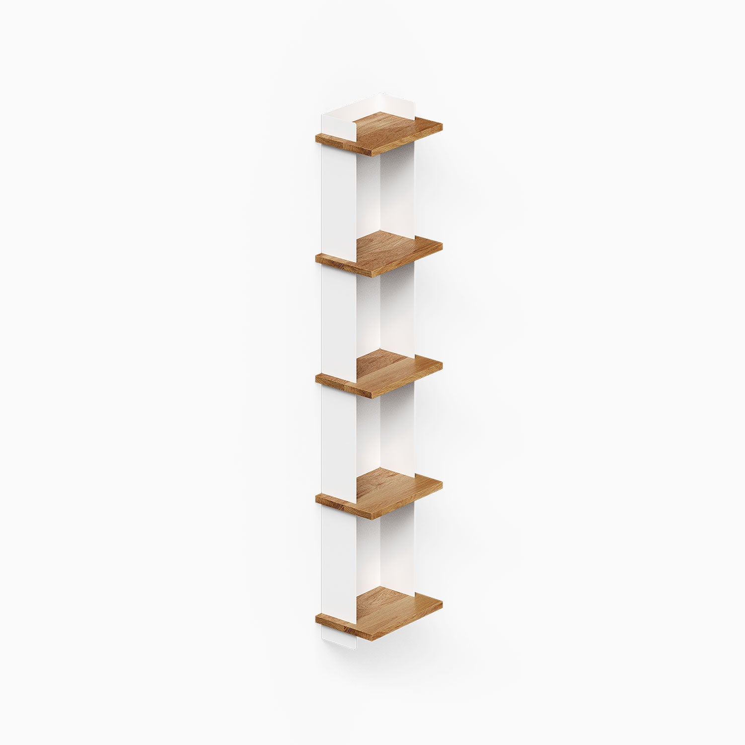 Halle Bookshelf featuring solid hardwood shelves with white steel frame, designed for minimalist wall storage and elegant display spaces.